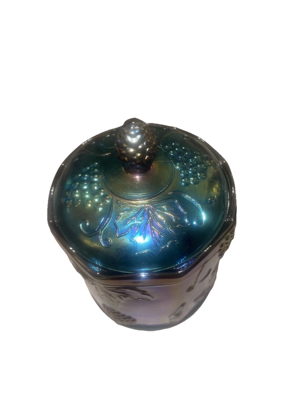 VTG Indiana Blue Carnival Glass Iridescent Harvest Grape Canister Biscuit Jar - Picture 8 of 10